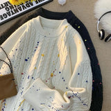 FOESCE Korean Knitted Pullover Street Clothing Splash-ink Sweater Graffiti Twist Sweater Trend Loose Knit Top Men Women Clothes