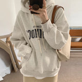 FOESCE Korean Loose Hooded Style Stylish Mid Length Hoodie Women's Long Sleeved Lazy Style Letter Printed Top