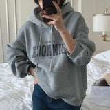 FOESCE Korean Loose Hooded Style Stylish Mid Length Hoodie Women's Long Sleeved Lazy Style Letter Printed Top