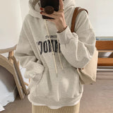 FOESCE Korean Loose Hooded Style Stylish Mid Length Hoodie Women's Long Sleeved Lazy Style Letter Printed Top