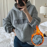 FOESCE Korean Loose Hooded Style Stylish Mid Length Hoodie Women's Long Sleeved Lazy Style Letter Printed Top