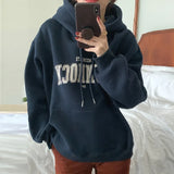 FOESCE Korean Loose Hooded Style Stylish Mid Length Hoodie Women's Long Sleeved Lazy Style Letter Printed Top