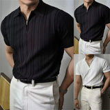 FOESCE Korean Luxury Slim Soild Retro Tops Tees Clothes Knit Shirts Short Sleeve Quarter Zip Casual T Shirts Retro Camisas De Hombre