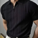 FOESCE Korean Luxury Slim Soild Retro Tops Tees Clothes Knit Shirts Short Sleeve Quarter Zip Casual T Shirts Retro Camisas De Hombre