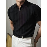 FOESCE Korean Luxury Slim Soild Retro Tops Tees Clothes Knit Shirts Short Sleeve Quarter Zip Casual T Shirts Retro Camisas De Hombre
