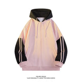 FOESCE Korean Style Trendy Striped Design Hooded Sweatshirt for Men Women Casual Zipper Cardigan Jacket Contrast Color Unisex Outerwear