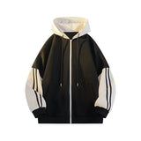 FOESCE Korean Style Trendy Striped Design Hooded Sweatshirt for Men Women Casual Zipper Cardigan Jacket Contrast Color Unisex Outerwear