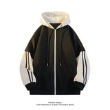FOESCE Korean Style Trendy Striped Design Hooded Sweatshirt for Men Women Casual Zipper Cardigan Jacket Contrast Color Unisex Outerwear