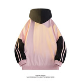 FOESCE Korean Style Trendy Striped Design Hooded Sweatshirt for Men Women Casual Zipper Cardigan Jacket Contrast Color Unisex Outerwear