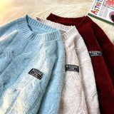FOESCE Korean Twist Jumper Patch Design Pullover Knitted Jumper Winter New Loose Round Neck Knitwear