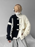 Korean street trend men and women spliced sweaters for couples in autumn and winter loose button design knitwear harajuku y2k