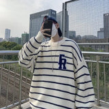 FOESCE Lazy Style Sweater for Men New Retro Japanese Striped Letter Loose Fitting Pullover Long Sleeved Top for Outerwear