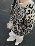 FOESCE Lazy contrast color leopard print crew neck sweater men's trendy brand sweater national fashion high street high-end jacket