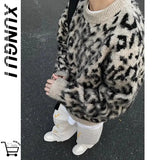 FOESCE Lazy contrast color leopard print crew neck sweater men's trendy brand sweater national fashion high street high-end jacket