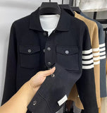 Light luxury men's knitted cardigan autumn winter fashion brand striped pocket Korean style high-end design casual jacket coat