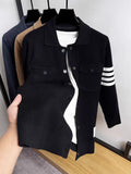 Light luxury men's knitted cardigan autumn winter fashion brand striped pocket Korean style high-end design casual jacket coat
