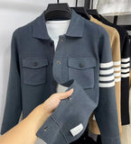 Light luxury men's knitted cardigan autumn winter fashion brand striped pocket Korean style high-end design casual jacket coat