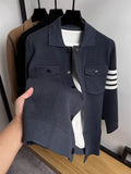 Light luxury men's knitted cardigan autumn winter fashion brand striped pocket Korean style high-end design casual jacket coat