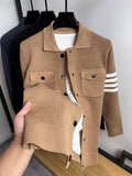Light luxury men's knitted cardigan autumn winter fashion brand striped pocket Korean style high-end design casual jacket coat