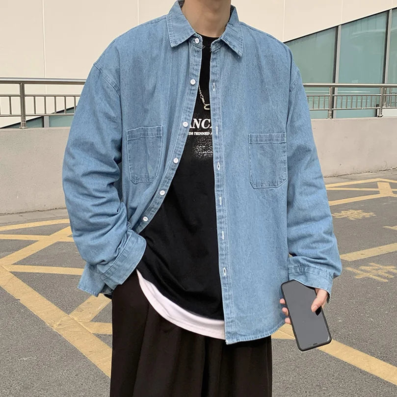 FOESCE Long Sleeve Denim Shirts Men Plus Size Outerwear Oversize Japan Vintage Jeans Top Shirt Male Clothing 2025 Spring Summer