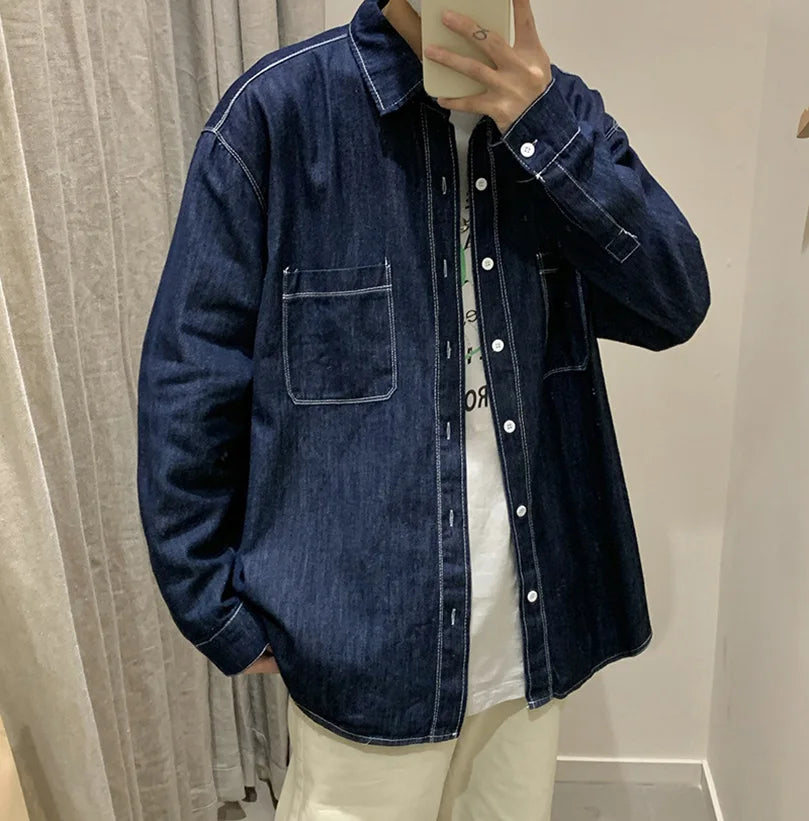FOESCE Long Sleeve Denim Shirts Men Plus Size Outerwear Oversize Japan Vintage Jeans Top Shirt Male Clothing 2025 Spring Summer