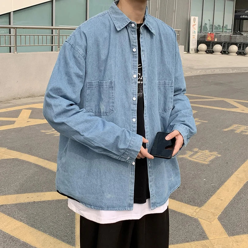 FOESCE Long Sleeve Denim Shirts Men Plus Size Outerwear Oversize Japan Vintage Jeans Top Shirt Male Clothing 2025 Spring Summer