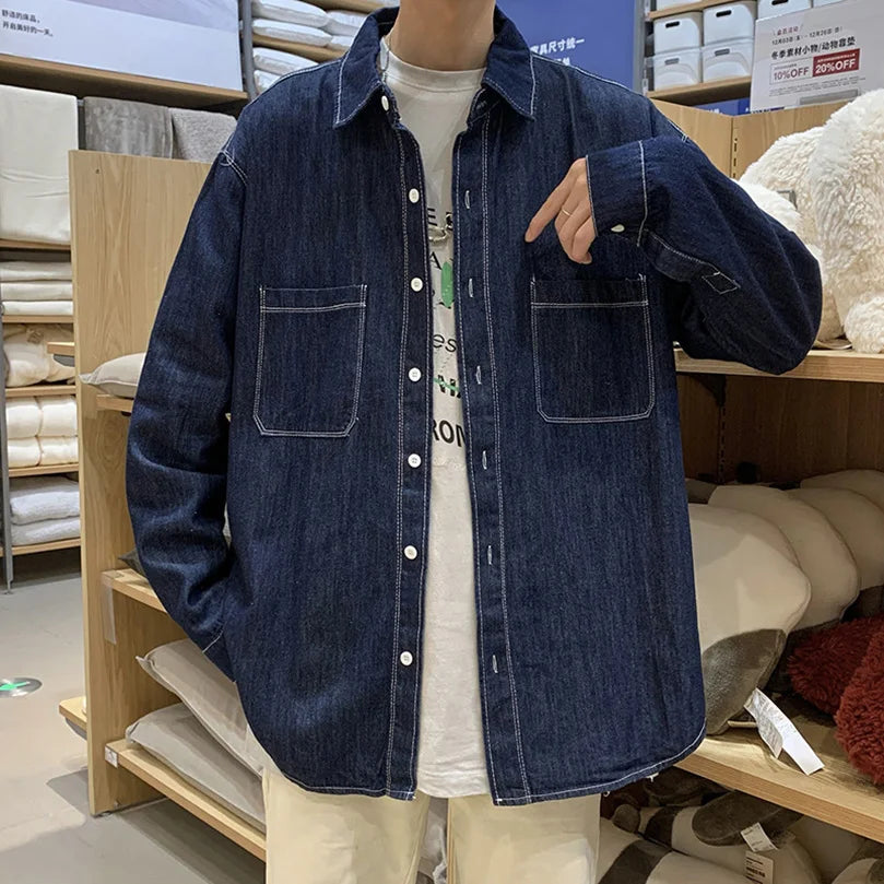FOESCE Long Sleeve Denim Shirts Men Plus Size Outerwear Oversize Japan Vintage Jeans Top Shirt Male Clothing 2025 Spring Summer