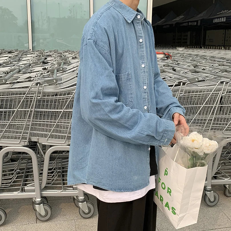 FOESCE Long Sleeve Denim Shirts Men Plus Size Outerwear Oversize Japan Vintage Jeans Top Shirt Male Clothing 2025 Spring Summer