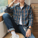 FOESCE Long Sleeve Men's Shirt and Blouse Cargo Clothes with Pocket Plaid Male Top Luxury Button Aesthetic Sleeves Fashion 2025 Vintage