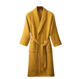 FOESCE Long Waffle Bathrobe Unisex Men's V Neck Lace-up Nightgown with Pockets Loose Long Sleeve Sleepwear Towel Bathrobe for Hotel