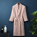 FOESCE Long Waffle Bathrobe Unisex Men's V Neck Lace-up Nightgown with Pockets Loose Long Sleeve Sleepwear Towel Bathrobe for Hotel