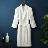 FOESCE Long Waffle Bathrobe Unisex Men's V Neck Lace-up Nightgown with Pockets Loose Long Sleeve Sleepwear Towel Bathrobe for Hotel
