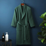 FOESCE Long Waffle Bathrobe Unisex Men's V Neck Lace-up Nightgown with Pockets Loose Long Sleeve Sleepwear Towel Bathrobe for Hotel