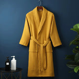 FOESCE Long Waffle Bathrobe Unisex Men's V Neck Lace-up Nightgown with Pockets Loose Long Sleeve Sleepwear Towel Bathrobe for Hotel