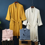 FOESCE Long Waffle Bathrobe Unisex Men's V Neck Lace-up Nightgown with Pockets Loose Long Sleeve Sleepwear Towel Bathrobe for Hotel