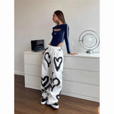 FOESCE Love Graffiti Wide Leg Pants Women Y2K Elastic High Waist Streetwear Loose Drawstring Jogging Trousers Korean Casual Sweatpants