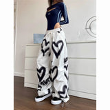 FOESCE Love Graffiti Wide Leg Pants Women Y2K Elastic High Waist Streetwear Loose Drawstring Jogging Trousers Korean Casual Sweatpants