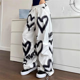 FOESCE Love Graffiti Wide Leg Pants Women Y2K Elastic High Waist Streetwear Loose Drawstring Jogging Trousers Korean Casual Sweatpants