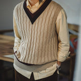 FOESCE Maden Retro Ivy Knit V-Neck Sweaters Vest Color-Block Sleeveless Classic Versatile Men's Khaki Tops with Preppy Style for Autumn