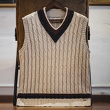 FOESCE Maden Retro Ivy Knit V-Neck Sweaters Vest Color-Block Sleeveless Classic Versatile Men's Khaki Tops with Preppy Style for Autumn