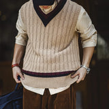 FOESCE Maden Retro Ivy Knit V-Neck Sweaters Vest Color-Block Sleeveless Classic Versatile Men's Khaki Tops with Preppy Style for Autumn