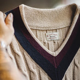 FOESCE Maden Retro Ivy Knit V-Neck Sweaters Vest Color-Block Sleeveless Classic Versatile Men's Khaki Tops with Preppy Style for Autumn