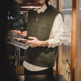 FOESCE Maden Retro Knitted V-neck Vest for Layering Solid Pullover Warm Sleeveless Waistcoat for Men's Fall and Winter Knitted Tops