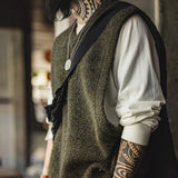 FOESCE Maden Retro Knitted V-neck Vest for Layering Solid Pullover Warm Sleeveless Waistcoat for Men's Fall and Winter Knitted Tops