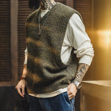 FOESCE Maden Retro Knitted V-neck Vest for Layering Solid Pullover Warm Sleeveless Waistcoat for Men's Fall and Winter Knitted Tops