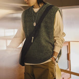 FOESCE Maden Retro Knitted V-neck Vest for Layering Solid Pullover Warm Sleeveless Waistcoat for Men's Fall and Winter Knitted Tops