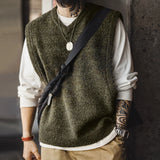 FOESCE Maden Retro Knitted V-neck Vest for Layering Solid Pullover Warm Sleeveless Waistcoat for Men's Fall and Winter Knitted Tops