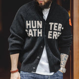 FOESCE Maden Vintage Black Cardigan Sweater Embroidered Letters Knit Jacket with Lapel Men's Fall Single-Breasted Warm Coat for Winter