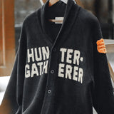 FOESCE Maden Vintage Black Cardigan Sweater Embroidered Letters Knit Jacket with Lapel Men's Fall Single-Breasted Warm Coat for Winter