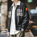 FOESCE Maden Vintage Black Cardigan Sweater Embroidered Letters Knit Jacket with Lapel Men's Fall Single-Breasted Warm Coat for Winter